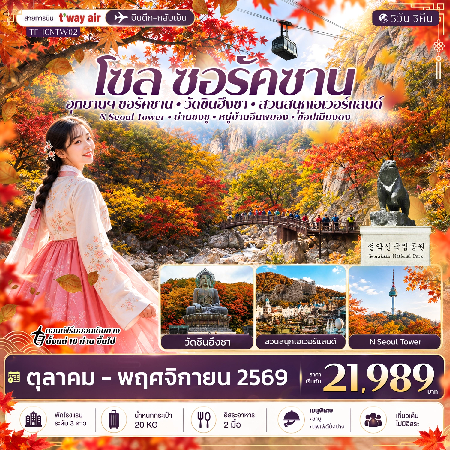 ทัวร์เกาหลี โซล ซอรัคซาน สวนสนุกเอเวอร์แลนด์ 5วัน 3คืน  (TW)